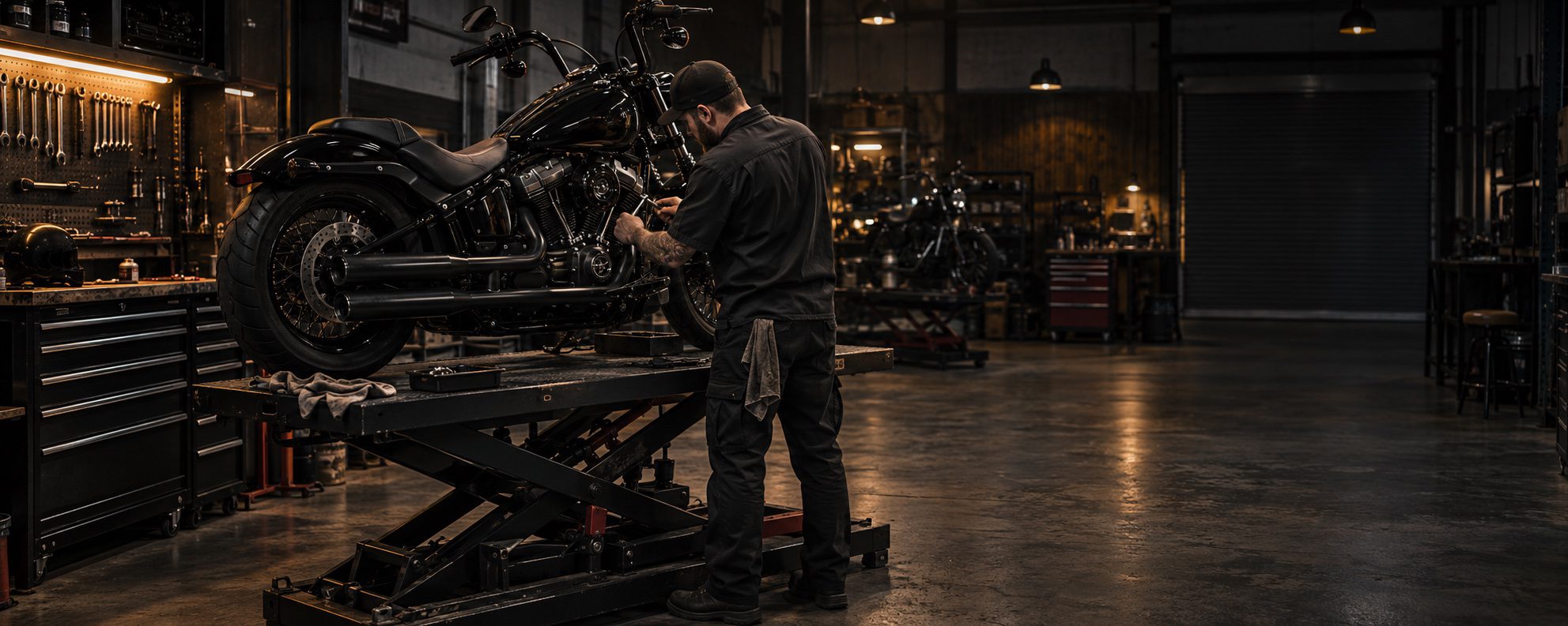 Mechanic working on a V-twin motorcycle in a workshop.